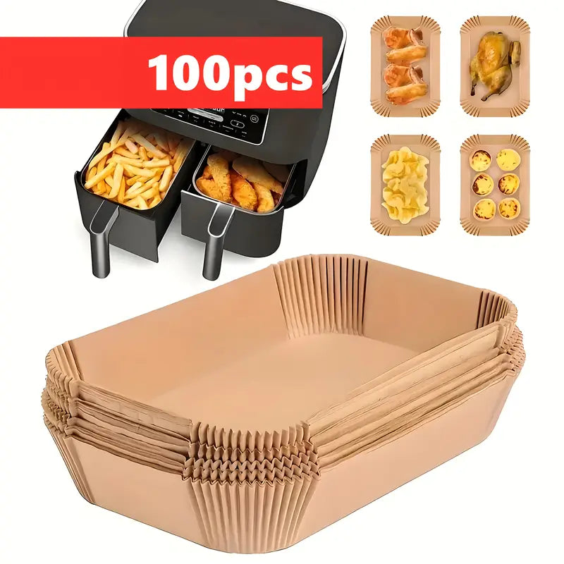100 Disposable Air Fryer Liners - Non-Stick Rectangular Paper Parchment for Air Fryers, Ovens & Baking