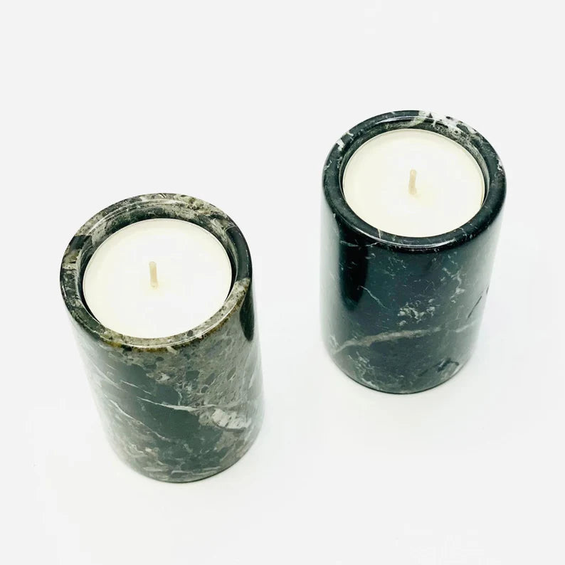 Set of 2 Black Marble Cylinder Tea Light Candle Holders