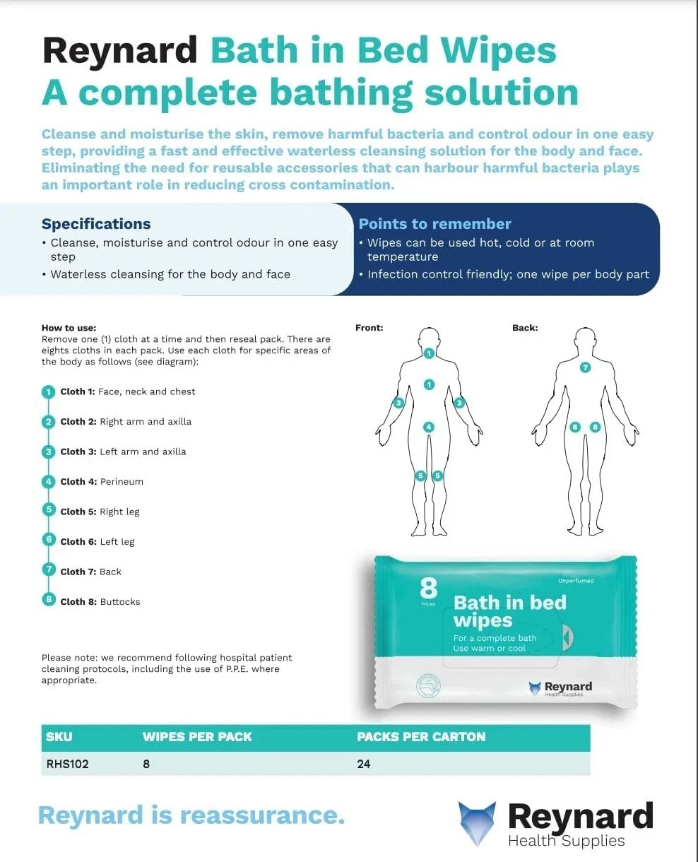 Bath in Bed Wipes - 8 Wipes Unperfumed (23cm x 33cm)