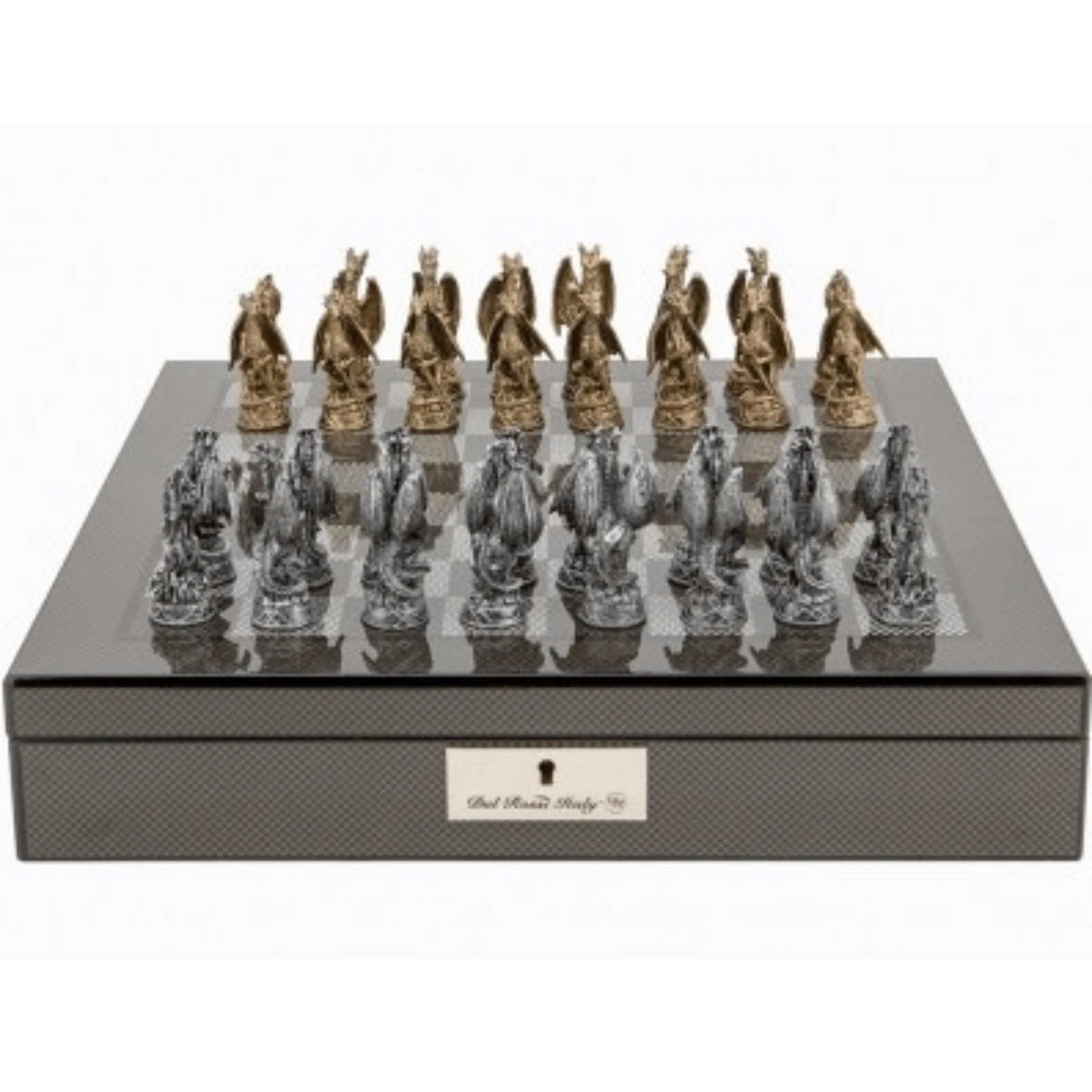 Chess Set Dragon Pewter on 20 inch ( 50cm) Carbon Fibre Chess Board by Dal Rossi