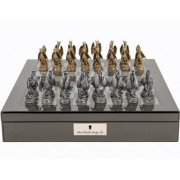 Chess Set Dragon Pewter on 20 inch ( 50cm) Carbon Fibre Chess Board by Dal Rossi